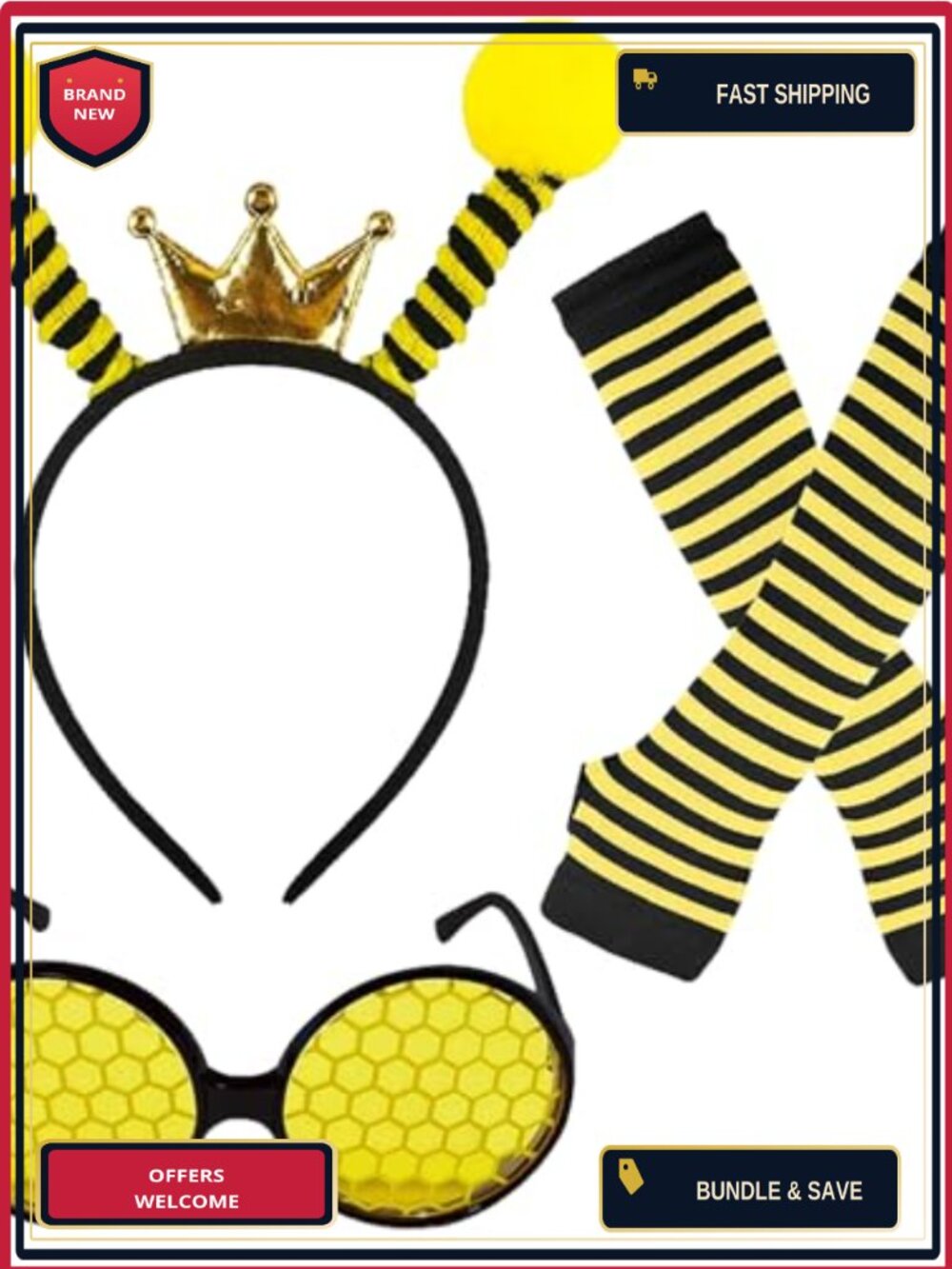 Bee Costume Accessory Set Headband Honeycomb Glasses Striped Gloves Halloween